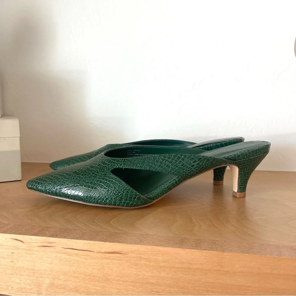 Anthropologie Matisse Cut Out Mule Green Faux Snakeskin Kitten Heels Shoes 10 - Picture 2 of 8